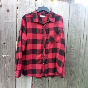 Arizona Jean Company Women Red and Black Buffalo Plaid Button-Down Shirt Size L
